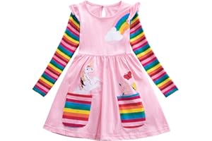 SFREEBO Little Girls Dresses Rainbow Long Sleeve/Sleeveless Dress Girls Cotton Pocket T-Shirt Dress Kids Winter/Summer Stripe Dress with Unicorn Flowers Print 3-8 Years