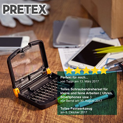 PRETEX Mini Schraubendreher-Set für kleine Schrauben mit 10 Wechsel-Einsätzen, inklusive praktischer Aufbewahrungsbox | 2 Jahre Zufriedenheitsgarantie | Aufsätze: Schlitz (SL 1.5, SL 2.0), Kreuz-Schlitz (PH000, PH00), Torx (T4, T5, T6) und Pentalob (0.8, 1.2, 1.6) | Bit-Set, Torque-Set, Kreuzschlitz-Set, Präzisions Mini-Schraubendreher - 6