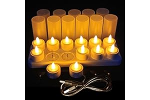 Velas LED sin Llama QSPORTPEAK 12 velas recargables velas LED con batería sin llama con estación de carga, cable USB y vasos para el hogar, Navidad Halloween Decoración