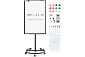 COSTWAY Tableau Blanc Effacable sur Pied, 100 x 65 cm, Tableau Blanc sur Pieds Hauteur Réglable 132-192 cm, Support Sur Roulettes, Cadre en Alu, Paper Board, pour École, Bureau