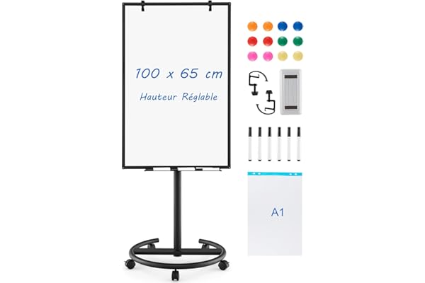 COSTWAY Tableau Blanc Effacable sur Pied, 100 x 65 cm, Tableau Blanc sur Pieds Hauteur Réglable 132-192 cm, Support Sur Roulettes, Cadre en Alu, Paper Board, pour École, Bureau