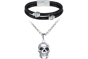 INFINIONLY Mens Boys Stainless Steel Necklace and Bracelet Jewellery Sets Fashion Skull Pendant Creative Double-Layer Leather Braided Skull Bracelet for Teenagers