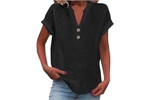 Yinguo Ladies Tops 2025 Women's Summer Cotton Linen Cap Sleeve T-Shirt Button V Neck Tunic Tops Fashion Baggy Solid Plain Casual Shirts Trendy Blouse