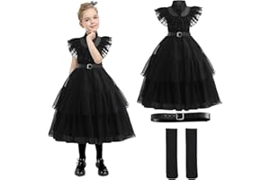 WIRHAUT Gothic Dress Kids Princess Costume Black Dress For Girls Princess Dress with Waist Belt Socks Accessories, Cosplay Outfits for Carnival World Book Day School Party Dress Up 4-11Years
