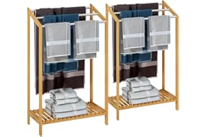 CASARIA 2X Porte-Serviettes en Bambou sur Pied avec 3 Barres en Acier Inoxydable Étagère de Rangement Salle de Bain