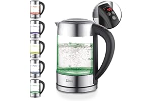 Zilan, Bouilloire en verre LED, différentes couleurs, écran numérique, 1,7lt, 5 réglages différents, Bouilloire sans fil avec corps en verre à haut borosilicate à 360°, 2200W