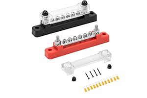 GUNGY Blocco di Distribuzione Alimentazione 12V-48V DC Busbar 150A Morsettiera di Alimentazione con 6 x M4 Terminale a Bolts per Auto Camion Barca Rosso e Nero 2 Pezzi