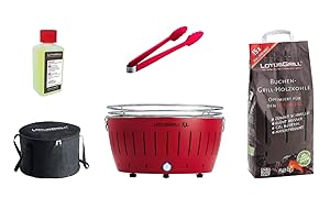 LotusGrill XL Starter Kit 1x LotusGrill XL Fire Red Beech Charcoal 1kg 1 Lighting Gel 200ml, 1 Sausage Tongs Orange, Transportation Carry Bag XL Smoke-Free Charcoal Tabletop Grill