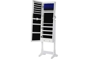 SONGMICS LED-belysning smyckesskåp, med spegel, 4 hyllor och 2 små lådor, låsbar JBC94W