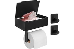JiangLin Uchwyt na papier toaletowy ze stali nierdzewnej, bez wiercenia, czarny, z pudełkiem na wilgotne chusteczki, samoprzylepny, uchwyt na papier toaletowy z 2 haczykami samoprzylepnymi, montaż