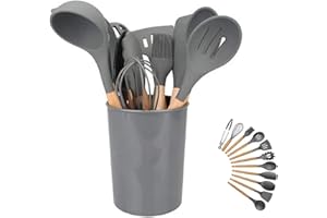 HUBEI Utensili da cucina in silicone Set di utensili da cucina - 446 ° F Manici in legno resistenti al calore Utensili da cucina grigi Set di strumenti per pentole antiaderenti (Grigio scuro-12pcs)