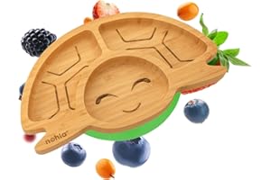 nohla ® - Tate The Turtle - Bamboo Baby Weaning Suction Plate - 15cm x 26cm - Spill-Proof Suction Base - Ideal from 6 Months - 100% Bamboo & FDA Silicone - Organic & BPA-Free - Green