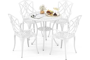 COSTWAY Set Tavolo e Sedie da Giardino, Set da Bistro 5 Pezzi con Foro per Ombrello, Tavolo da Pranzo e 4 Sedie, Arredamento da Giardino in Alluminio, per Giardino e Balcone, Bianco (Modello 2)