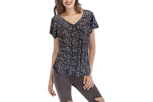 BUDAOWENG T Shirt Femme Col V Imprimé à Manches Courtes pour Femme Chemisier Femme Chic Et élégant été Blouse De Travail Tunique Plage Décontracté Top Sexy Mode Ample Tee Shirt 5XL