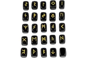 KYEYGWO Obsidian Runen Steine Set mit Gravur Golden Elder Futhark Alphabet Symbol Edelstein, Runensteine Kristall für Meditation, Wahrsagung, Reiki Heilung und Amulett, 25 Stück
