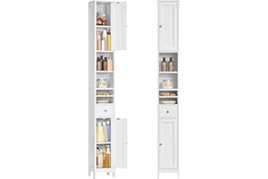 VASAGLE Tall Bathroom Cabinet, Slim Bathroom Storage Cabinet, Freestanding Narrow Storage Unit with Adjustable Shelves, Drawer, Open Compartments, for Small Spaces, Modern, Cloud White BBC765W01