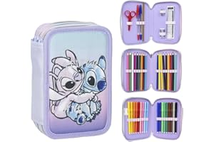 CARTOON Piórnik z wieloma przegródkami, 3 sztuki na zamek błyskawiczny, pełny zestaw długopisów, ołówków, ołówków, markerów, Stitch&anioł, etui
