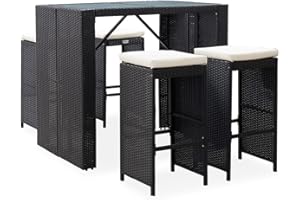 vidaXL Gartenbar Set 5-TLG. Theke Bar Tresen Gartentheke Bartisch Stehtisch Barhocker Barstuhl Gartenmöbel Poly Rattan Glas Schwarz