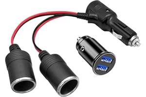GIANTDEER 12V 24V Socket 2 Way Splitter Y Adapter 15AWG, 15A Fusibile, Cavo Accendisigari Auto con Interruttore Uno Trascina Due Telaio Femminile +5V 3.1A Mini Caricabatterie Auto