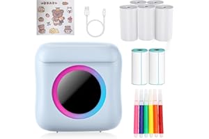 RIOKKO Fotodrucker für Smartphone, Mini Drucker Tragbar für Smartphone, Kabelloser Thermodrucker Fotodrucker, mit USB-Kabel und 7 Rollen Thermopapier, für Journal, Reisen (blau)
