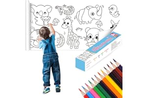KAIZUCA 3m Children's Colouring Roll, Painting Paper Roll, DIY Drawing Roll, Cuttable, Self Adhesive, with 12 Colouring Pencils, for Children, Students, Birthday Gifts (Animal Prints)