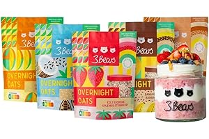 Set 3Bears Overnight Oats I 5x400g bustine per porridge da frigo nei gusti fragola, mango, cacao, caffè freddo e banana split I Senza zucchero, secondo la propria ricetta