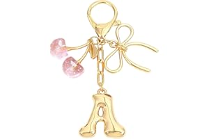 Snylcce Initial A Keychain with Bow & Cherry - Gold Letter Bag Charms for Women, Cute Purse Handbag Accessories