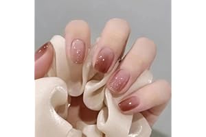 Ceboic Francuskie paznokcie krótkie kwadratowe, błyszczące brokatowe sztuczne paznokcie czerwono-brązowe gradientowe sztuczne paznokcie o eleganckim wzornictwie, 24 szt., pełne pokrycie paznokci dla