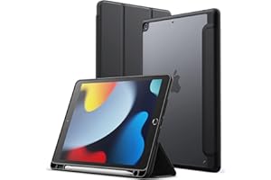 JETech Custodia Opaca per iPad 9/8/7 (10,2 Pollici, Modello 2021/2020/2019, 9a/8a/7a Generazione) con Portapenne, Posteriore Glassata Traslucida Supporto Cover Sottile Tablet (Nero)