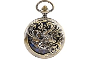 Tiong Vintage Unique Hollow Mechanical Steampunk Pocket Watch with Chain Skeleton Roman Numerals Pocket Watches for Men Gifts & Box