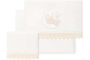 Interbaby - Parure de lit bébé 100% Coton pour Voiture/couffin/couffin - Guipure Ours Lune Ensemble 3 pièces, Drap-Housse + Drap Plat + taie d'oreiller - Fabriqué en Espagne