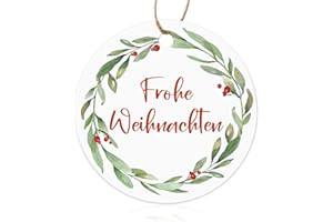 MEJOSER 50 Stück Geschenkanhänger Weihnachten 5cm mit Juteschnur Frohe Weihnachten Geschenke Anhänger aus Papier Kranz Weihnachtsanhänger Etiketten Rund Weihnachtsbaum Deko