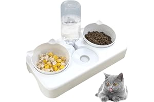 DOEPEBAE Water and Food Bowls Cat, 3 in 1 Automatic Cat Water Dispenser Cat Food Dispenser Pet Bowls Set 0-8°Adjustable Tilted Set Water and Food Bowl Set Perfect Feeding Bowls for Cats and Small Dogs (White)