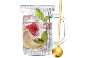 MENGCAT Tazza da caffè in vetro con coperchio, Tazza da tè classica a righe verticali con un cucchiaio, per latte, Tè, Cioccolato, Succo, Regalo per le donne Ragazze Uomini, Natale, e compleanno 11 once