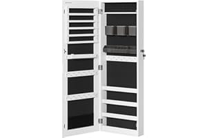 SONGMICS Armario Joyero, Espejo Joyero Montado en la Pared o en la Puerta, Espejo Colgante con Cerradura, 2 Organizadores de Maquillaje de Plástico Extraíbles, Navidad, Idea Regalo, Blanco JJC001W01