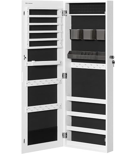 Armoire à Bijoux Avec Miroir Et LED - 4 Angles Réglables, Verrouillable, Rangement Organisé - Blanc