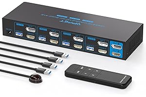 AILVLVNG 4K144Hz Displayport+HDMI KVM Switch 2 Monitor 4 Ordenadores Conmutador KVM 8K60Hz USB 3.0 Para 4 Ordenadores Compartir 2 Monitores y 4 Dispositivos USB, Soporta Copia y Extensión de Pantalla