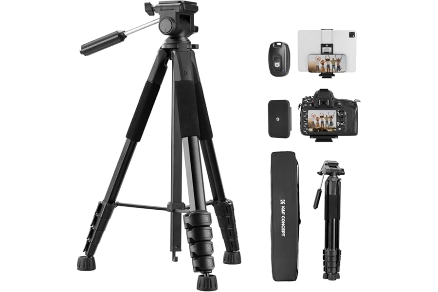 K&F CONCEPT 75"/190cm Compact Camera Tripod, Lightweight Travel Tripod for DSLR Camera and Phone, Video Tripod Stand with Phone Clip, Bluetooth, Compatible with Canon/Sony/Nikon Camera, S255A3+BV01