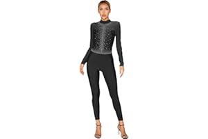 YiZYiF Donna Balletto Body da Danza Tuta Intera Ginnastica Artistica Strass Bodysuit Pattinaggio Catsuit Manica Lunga Jumpsuit Leotard Dancewear