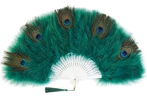 Hrlace Damen Pfau Feder Fächer 1920s Vintage Style Handfächer Folding Handheld Feather Fan Flapper Hand Fan für Hochzeit Halloween Tanzshow Party Teeparty Kostüm Zubehör Grün