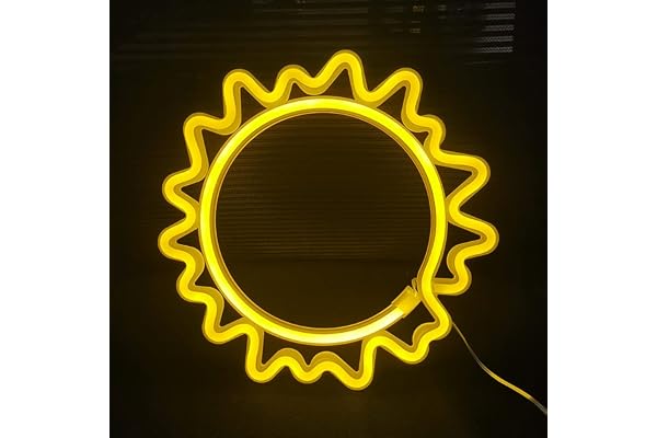Bipily Soleil Forme LED enseignes néons pour chambre à coucher, lumières LED à piles ou USB, décoration murale en enseignes au néon pour la fête d'anniversaire de Noël, salon pour enfants-soleil jaune