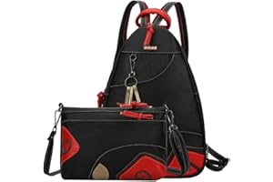 Eshow Sac à Dos Femme en Cuir 2 Pièces Petit Sacs Portés Dos Sac d'épaule Sac Bandoulière Multifonctionnel Fort Backpack Anti-vol Pour Voyage avec Port USB