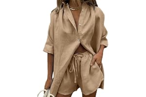 Tomwell Ensemble 2 Pièces en Lin pour Femme Col en V à Manches Courtes Chemise Boutonnée Chemisiers et Shorts Tenues d'été Coupe Ample Survêtement Ensemble Streetwear