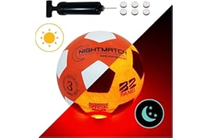 NIGHTMATCH Pallone da Calcio Che Si Illumina incl. Una Pompa per gonfiare Il Pallone - I LED Interni Si Accendono Quando Viene calciato - Brilla nel Buio - Dimensione 3 - Dimensioni & Peso Ufficiali