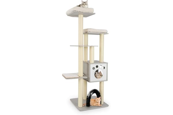 COSTWAY Arbre a Chat XXL en Bois 176 cm, 4 Poteaux à Griffer en Sisal, 5 Plateformes, Condo, Brosse d'Toilettage, Arbre a Chat Maine Coon, Tapis Amovible, pour 4-6 Chats, 59 × 59 × 176 cm, Gris