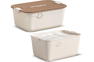 Bailtouk 2 Piezas Caja de Almacenaje con Tapa, Cajas Organizadoras de Plástico, Cesta Almacenaje Plástica con Asas Cesta de Ordenación Versátiles para Cocina, Baño, Armario, Oficina (Blanco)
