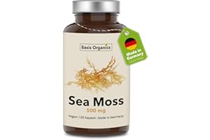 BASIS ORGANICS Sea Moss Kapseln 100% vollständig aus der Alge - Reines Naturprodukt, kein Extrakt, wild geerntet -120 Kapseln in Glas - Bis zu 4 Monate Vorrat - 1000mg pro Tag - Produziert & Laborgeprüft in DE