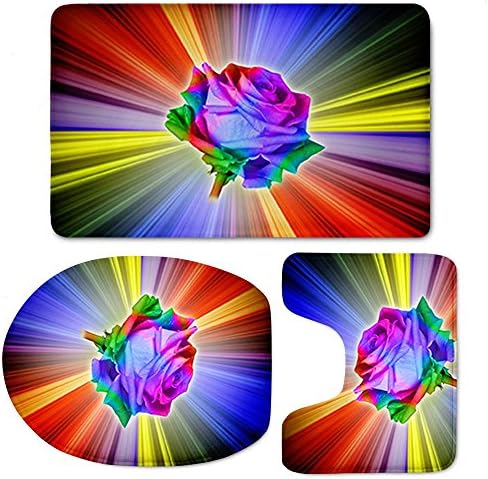Bathroom Mat Set Rainbow Rose Pattern Bath Rug Bathroom Anti Slip Shower Mat and Toiler Mat Sets , 9