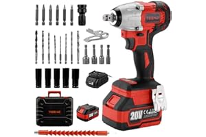 TEENO Clé à chocs sans balais et sans fil avec adaptateur, clé à chocs rotative à couple maximal de 320 avec 2 * 3.0 Ah batterie TEENO, couple réglable, 5 inserts de clé à chocs Teeno, 26 accessoires