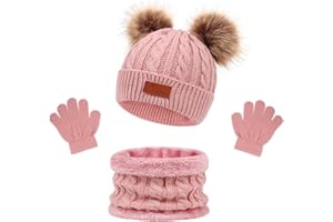 LINSOCLE 3 en 1 Ensemble Bonnet-Echarpe-Gants Enfant Hiver, Tricoté Tour de Cou Chaud avec Doublure, Bonnet Enfant Hiver avec Pompon, Ensemble d’Hiver pour Fille et Garçon 2-6Ans